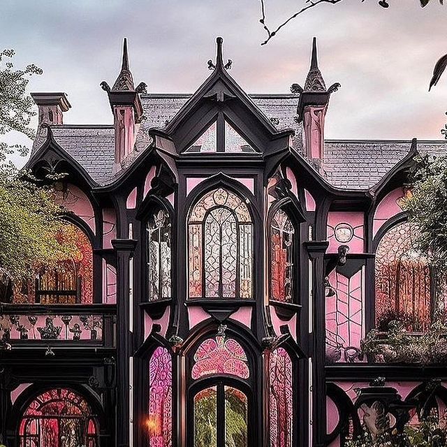 an ornate pink and black house with lots of windows