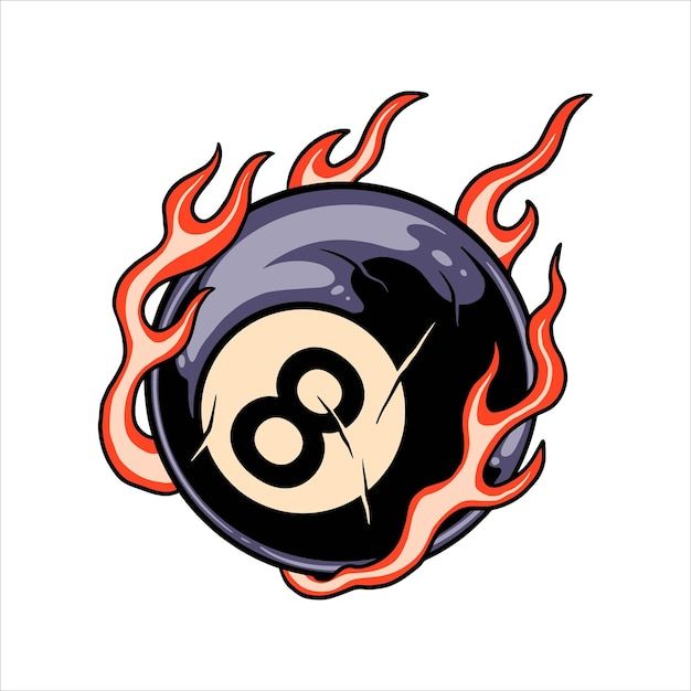 an eight ball in flames with the number 8 on it's back and fire around it