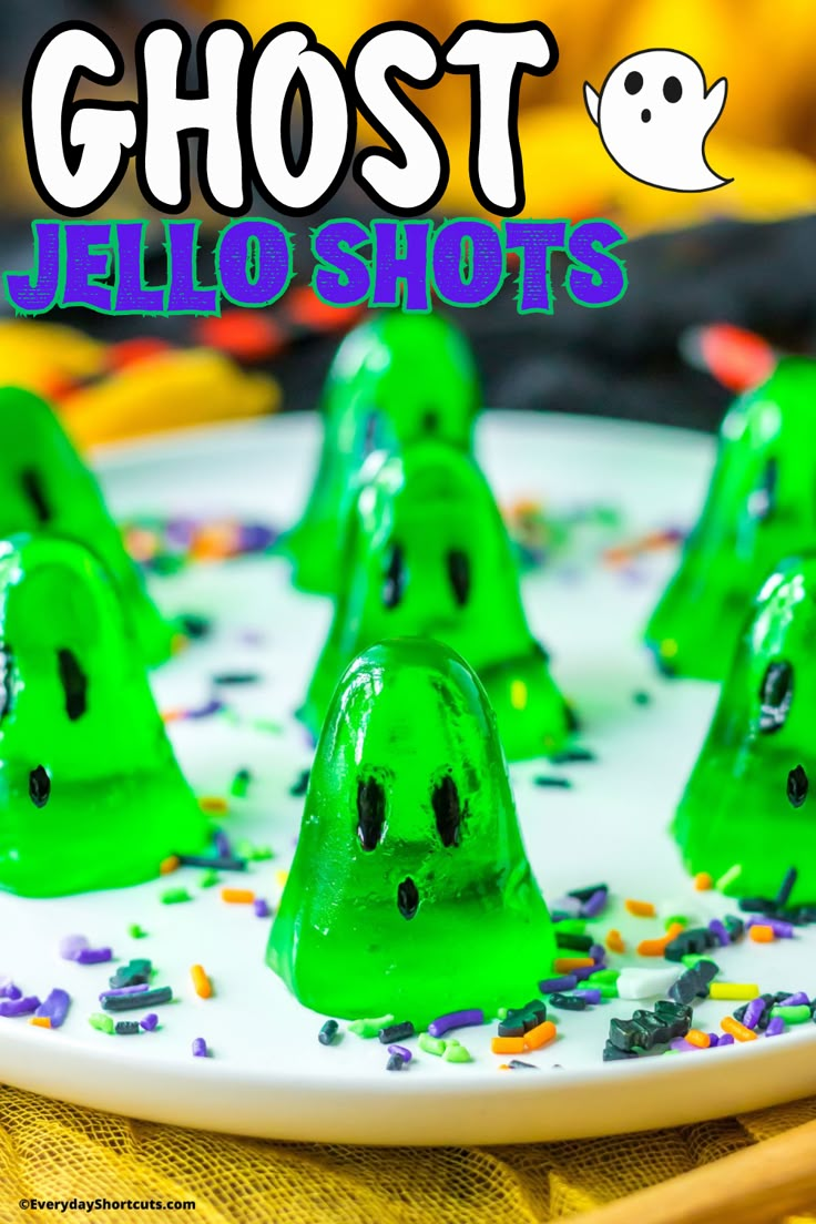 green ghost candies on a plate with sprinkles