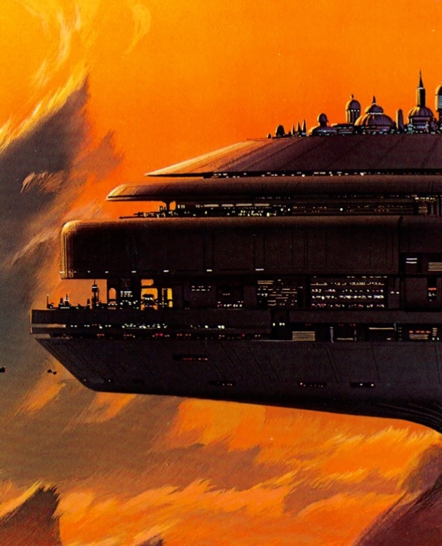 an illustration of a futuristic ship in the sky