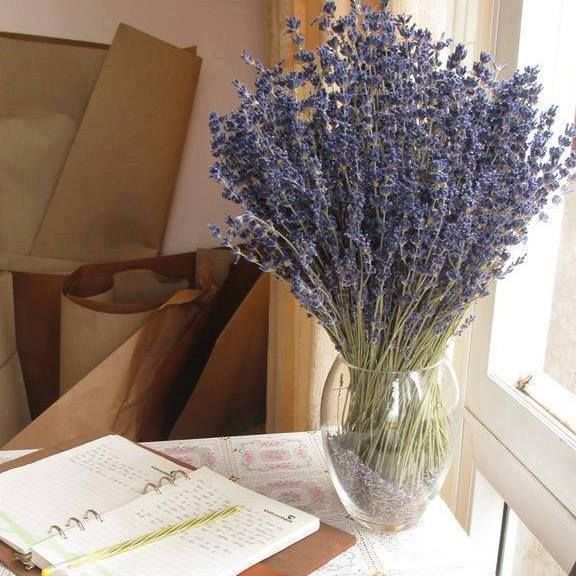 a vase filled with purple flowers sitting on top of a table next to a notebook