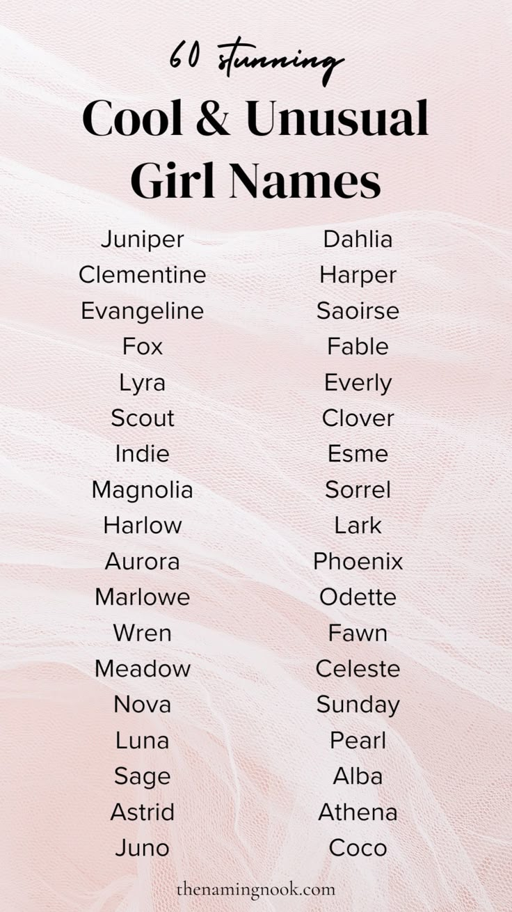 a list of names for the cool and unusual girl names on a pink background with white tulle