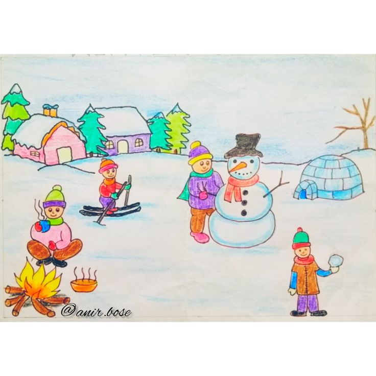 a drawing of children playing in the snow with an igloose behind them