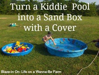 two children playing in an inflatable kiddie pool with the text turn a kiddie pool into a sand box with a cover