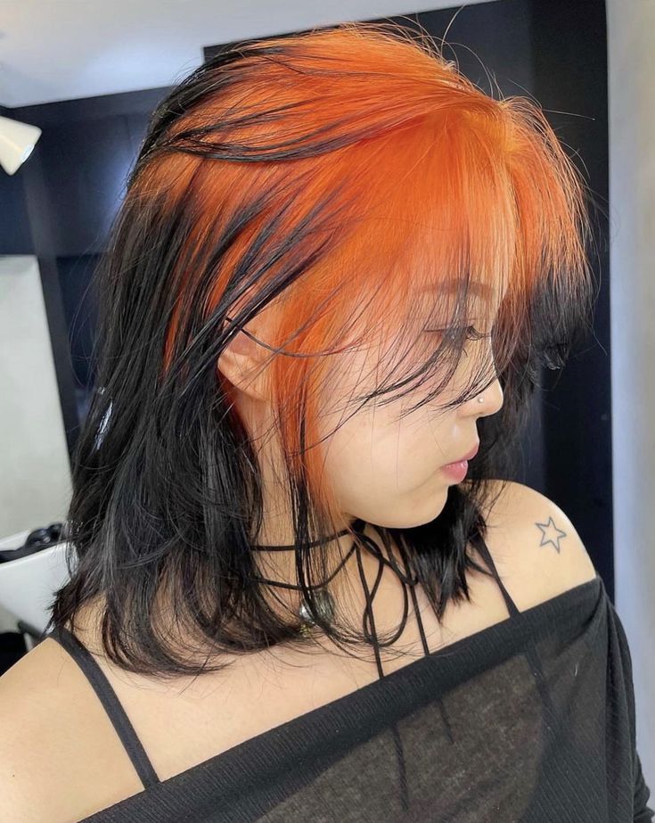 Half Black Half Orange Hair Split, Orange To Black Hair, Fox Hair Dye Style, Brown And Coloured Hair, Orange Highlights In Brown Hair, Black And Ginger Hair, Ginger And Black Hair, Fox Tail Hair, Orange Hair Dye