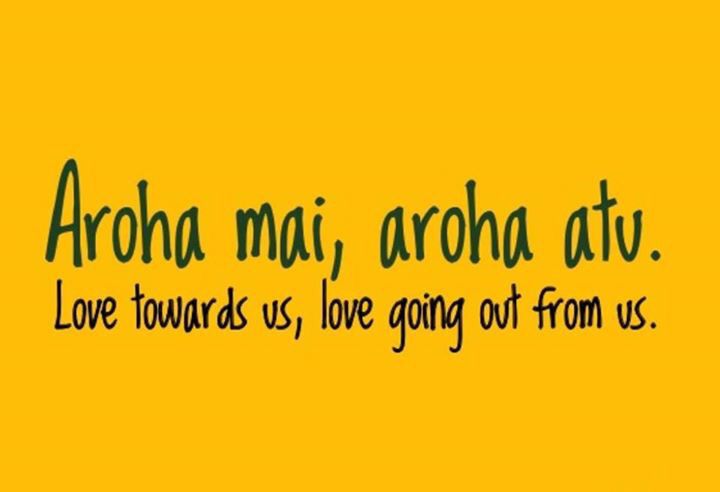 the words are written in green and black on a yellow background that says, aroha mai, aroh atu love towards us, love towards us, love going out from us