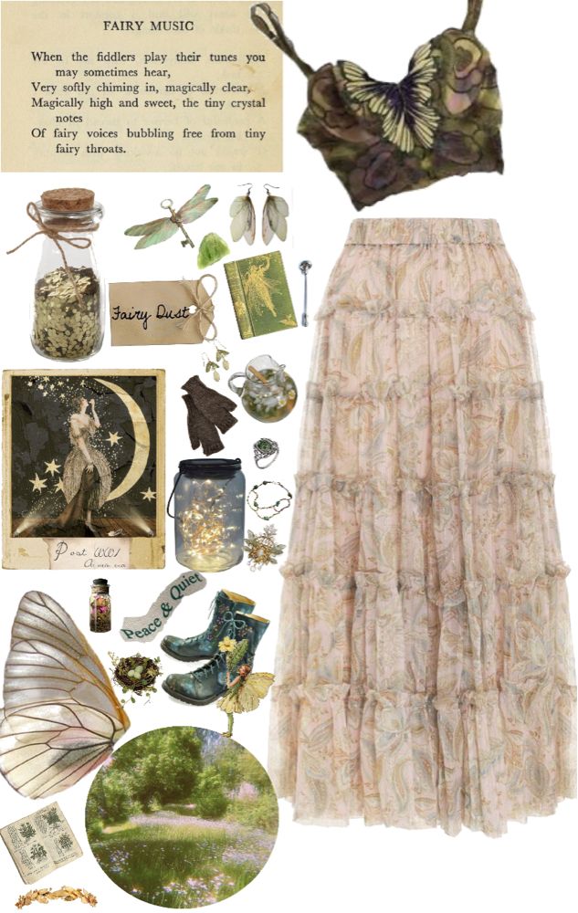 Fairycore Witch Aesthetic, Fairy Outfit Accessories, Fairy Outfit Ideas Aesthetic, Cottage Core Elf Outfit, Fairy Outfit With Pants, Fairy Inspired Outfit Aesthetic, Retro Fairy Core Outfits, Beach Fairy Outfit, Alternative Fairy Outfits