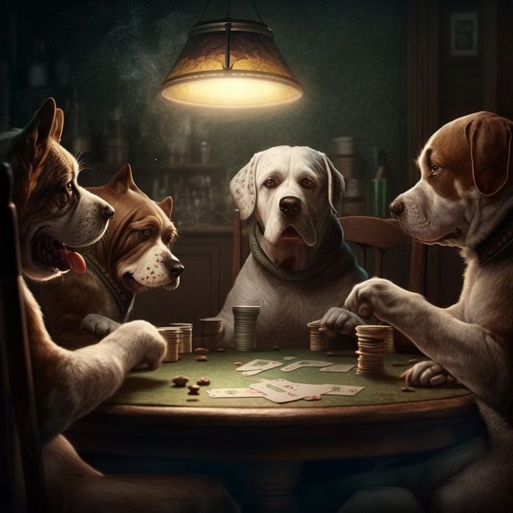 three dogs playing cards at a table with a lamp on the wall in the background