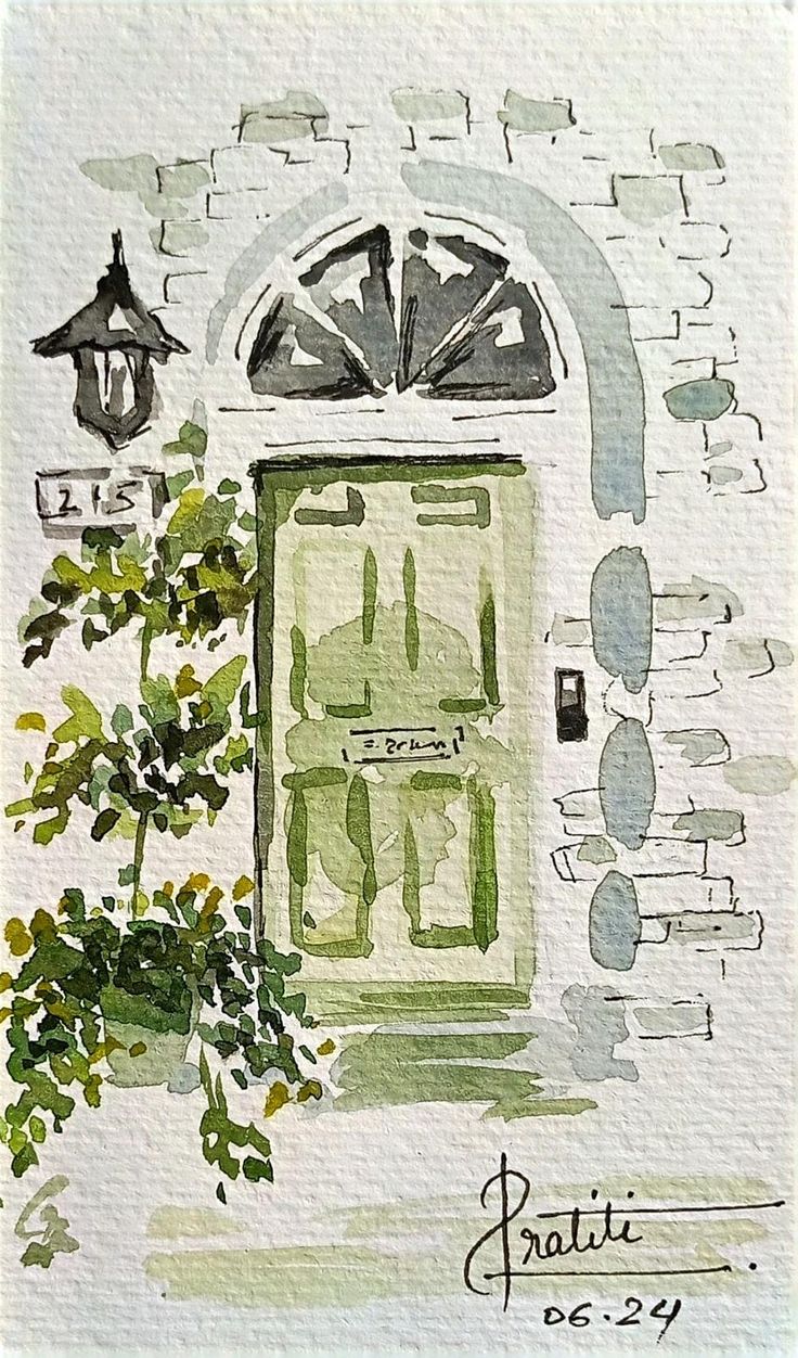 a watercolor painting of an old door with plants in the foreground and a lantern on top