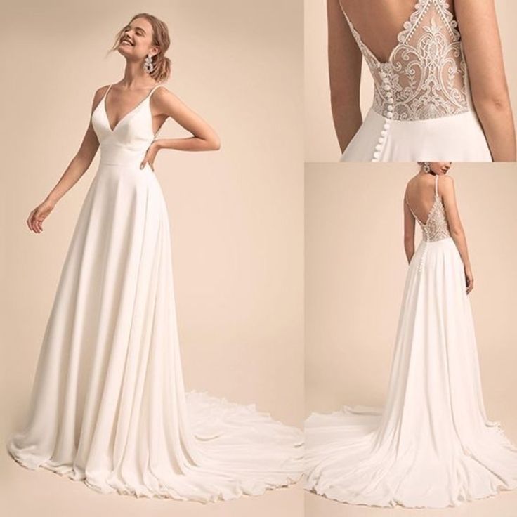 the back of a wedding dress with straps and beading on it, in three different views