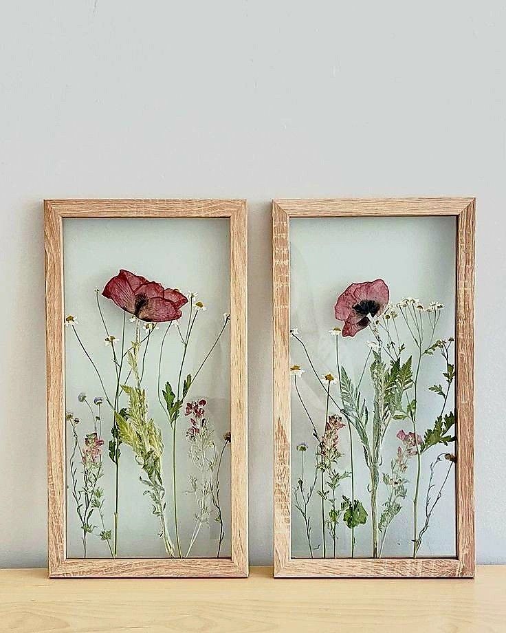 two wooden frames with pressed flowers in them