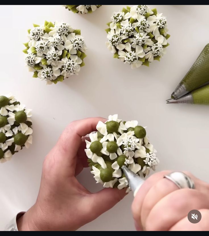 someone is decorating flowers with white and green petals