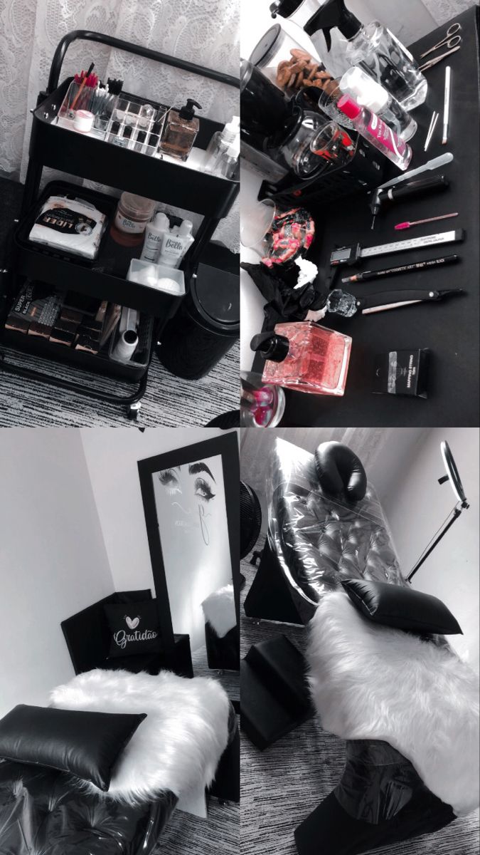 two pictures of the inside of a room with makeup and other items in it on display