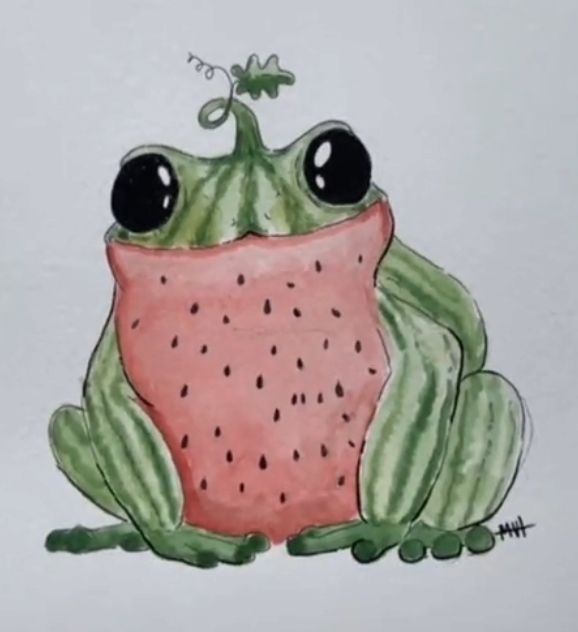 a drawing of a frog with watermelon on it's back and eyes