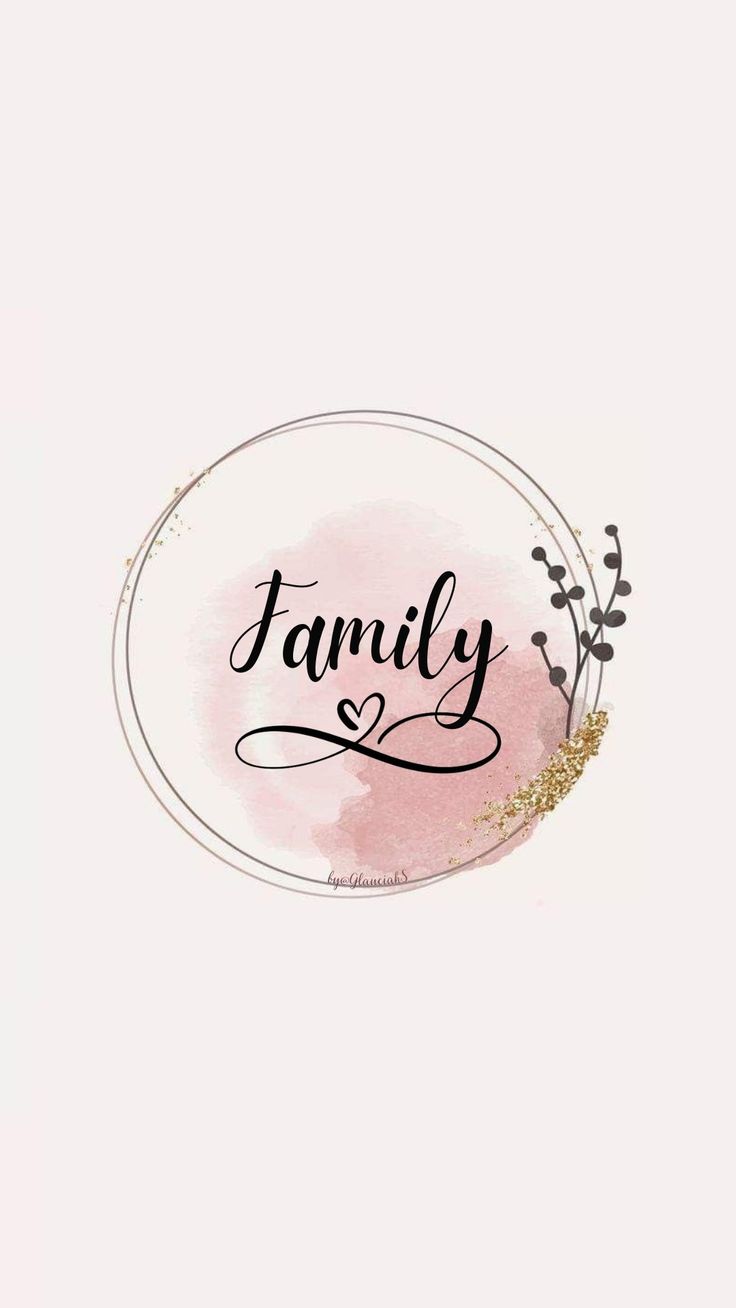 the word family is written in black ink on a pink circle with gold trimmings