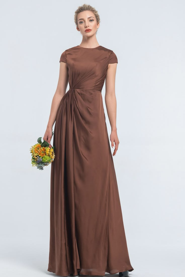 Modest LDS Cinnamon Satin Bridesmaid Dresses Cap Sleeves A Line Dress Satin, Silk Bridesmaid Dress With Sleeves, Bridesmaid Modest Dresses, Rose Satin Bridesmaid Dresses, Bridesmaid With Sleeves, Modest Formal Dresses With Sleeves, Elegant Bridesmaid Dresses With Sleeves, Formal Modest Dress, Satin Modest Dress