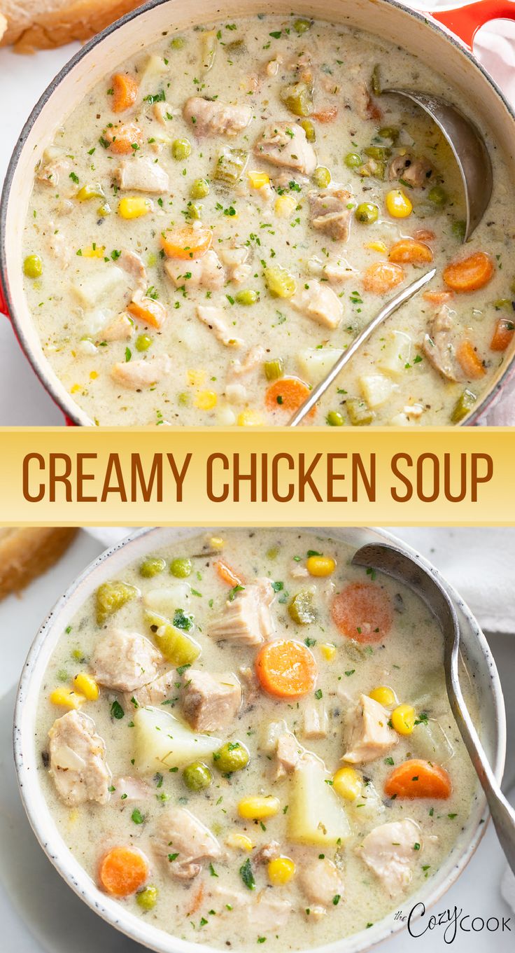 creamy chicken soup with a mix of vegetables and chunks of chicken Soup With Biscuits, Potatoes And Chicken, Rotisserie Chicken Soup, Easy Diner, Chicken Potato Soup, Chicken Soup Recipes Homemade, Chicken Soup Crockpot, Chicken Vegetable Soup Recipes, Creamy Soup Recipes