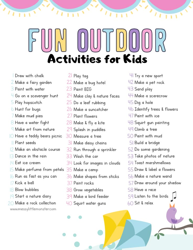 the fun outdoor activities for kids list is shown in pink, blue and yellow colors