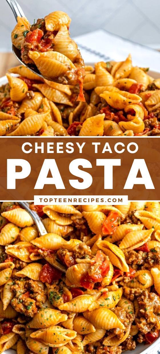 cheesy taco pasta in a white bowl with a serving spoon on top