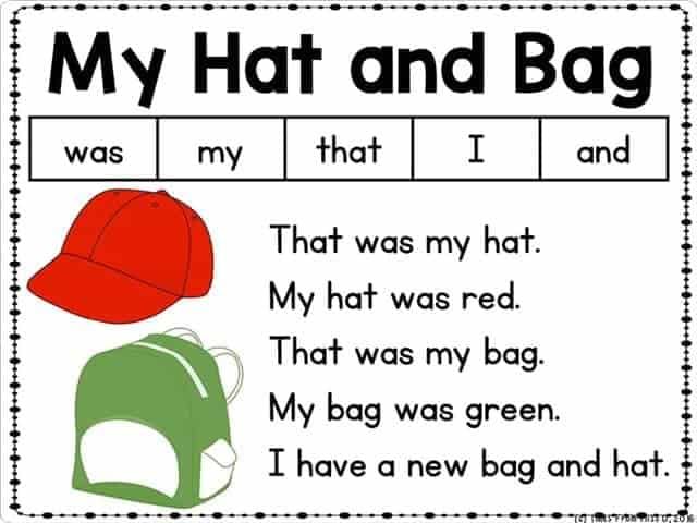 a printable worksheet to teach children how to read the hat and bag