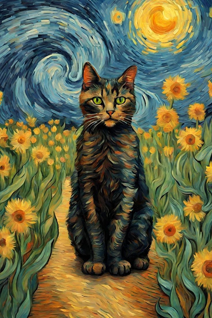 a painting of a cat sitting in front of a field of sunflowers with the starry night behind it