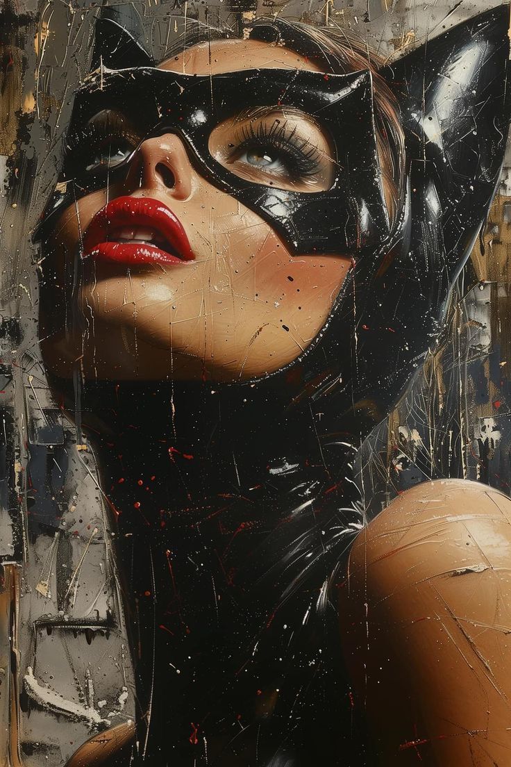 a painting of a woman wearing a cat mask and black latex on her face