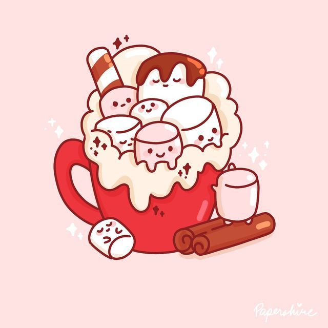 a cup filled with marshmallows and cinnamon on top of a pink background