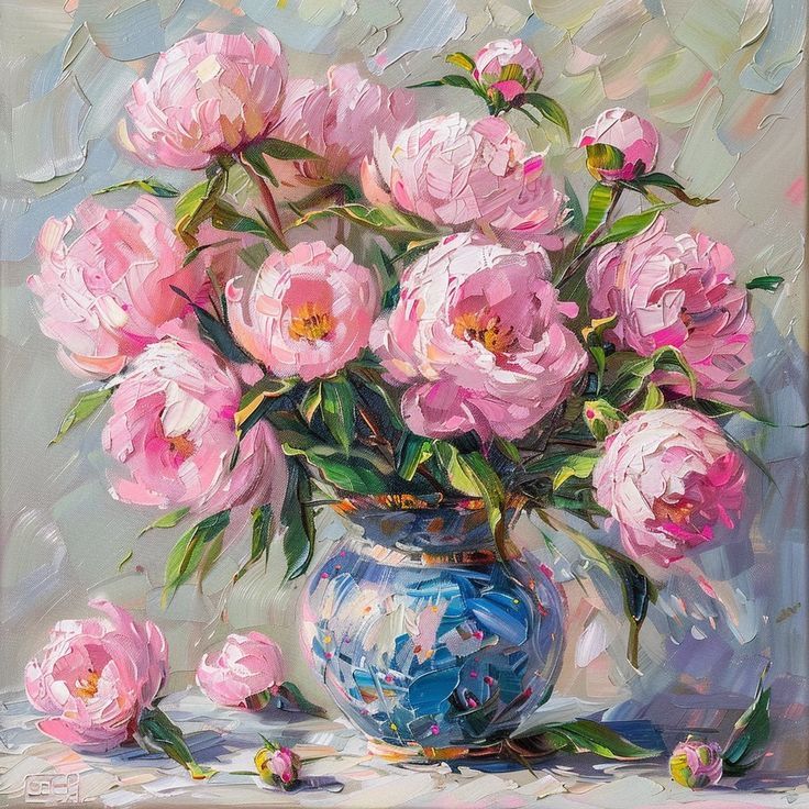 a painting of pink flowers in a blue vase