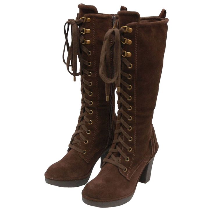 Juicy Couture 'Madley' Suede Boot * Authentic Juicy Couture Boot * Brown Suede Upper * Lace-Up Front * Side Zipper * Rubber Sole For Excellent Traction * Mid-Calf Height * 3" Heel * 3/4" Platform * Color Brown (Tmoro Waxy) * Brand New Without Box * Mfsrp: $295.00 Cute Tall Boots, Fantasy Boots Shoes, Lace Up Brown Boots, Lace Up Leather Boots, Elven Shoes, Boot High Heels, Tall Shoes, Brown Boots Png, Brown Lace Up Boots