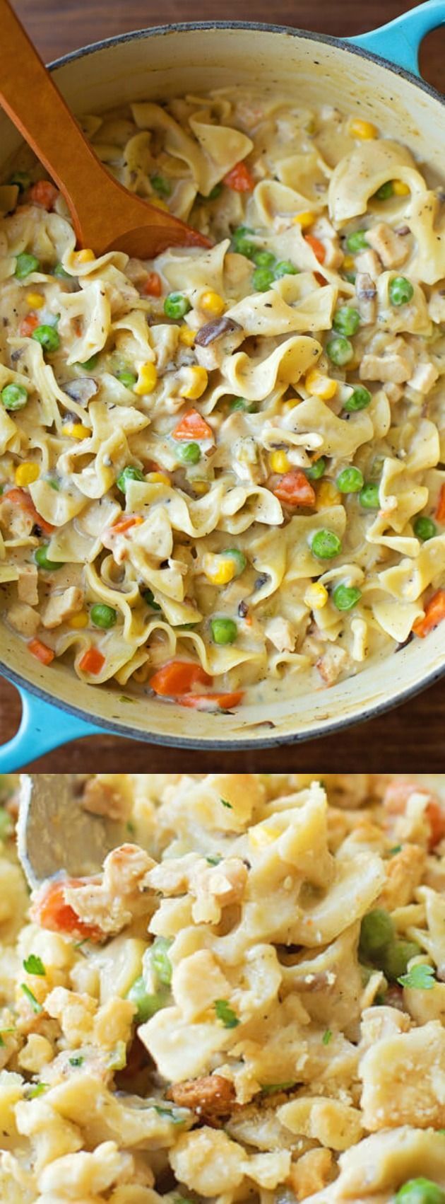 two pictures of pasta and vegetables being cooked in a skillet