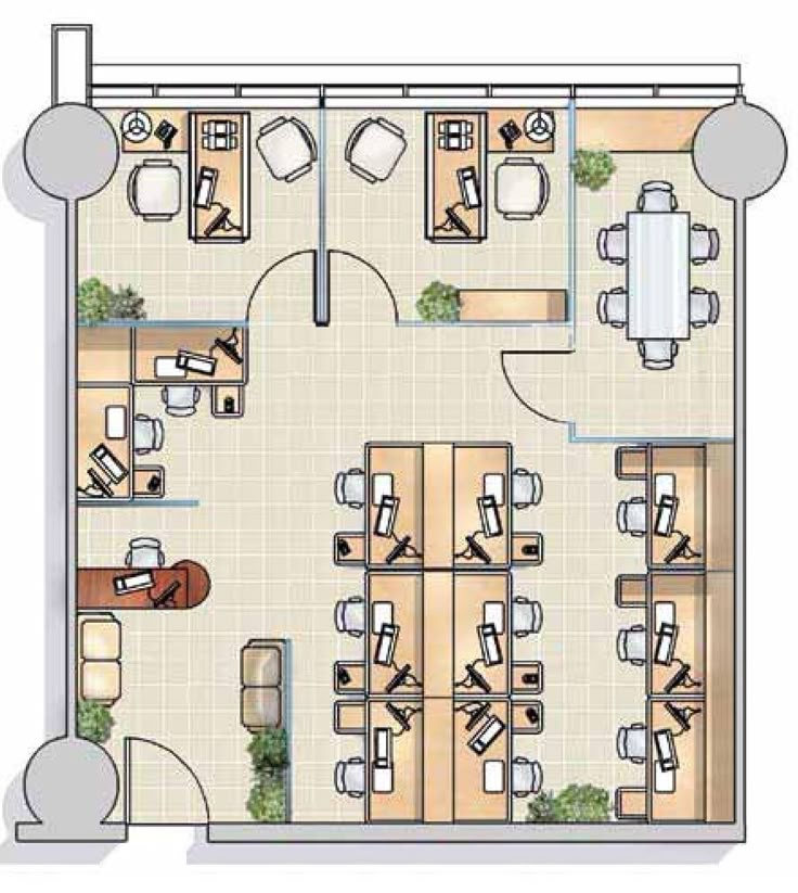 an office floor plan with several tables and chairs