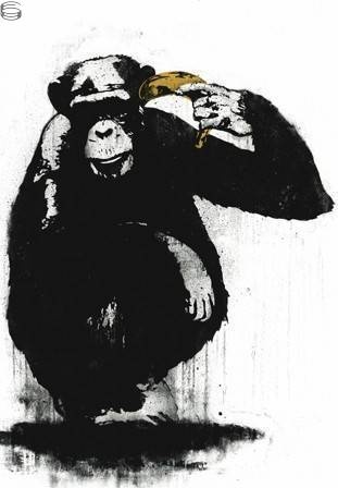 a drawing of a monkey holding a banana in it's right hand and sitting on the ground