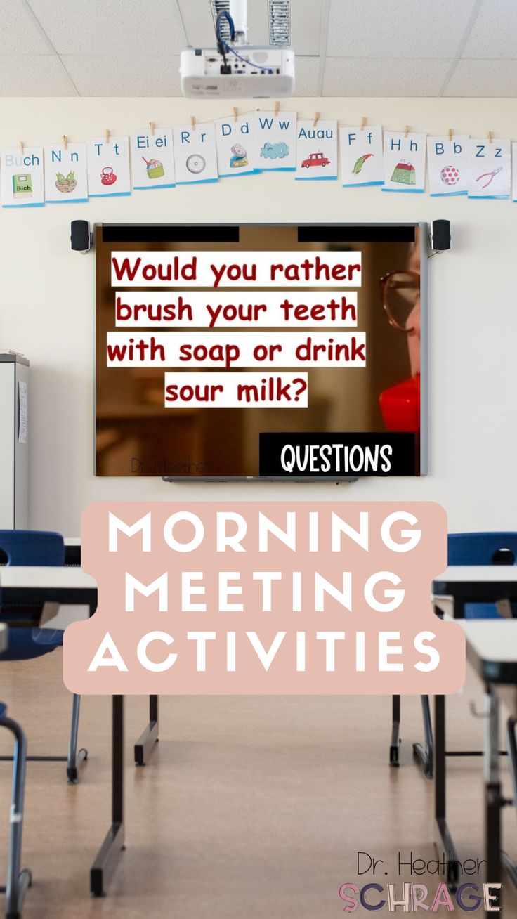 a classroom with desks, chairs and a chalkboard that says morning meeting activities