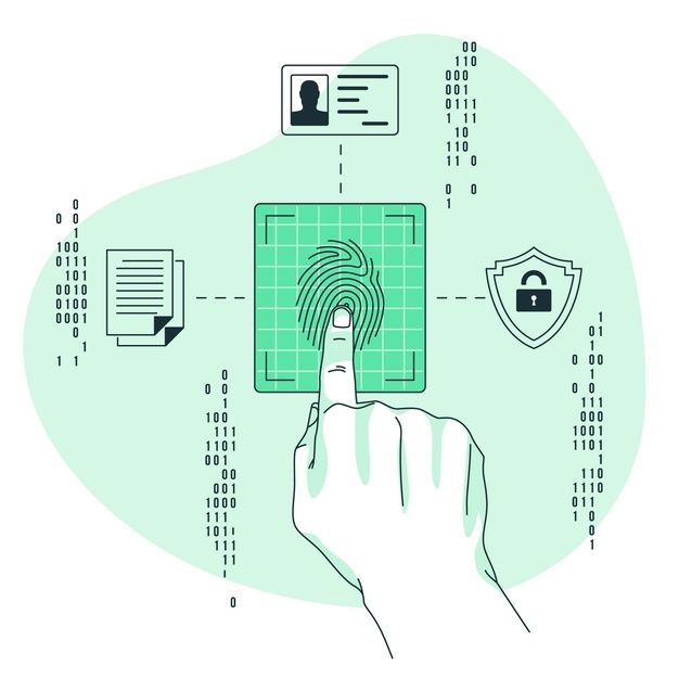 a hand touching a fingerprint on a pad with security icons surrounding it in green and white