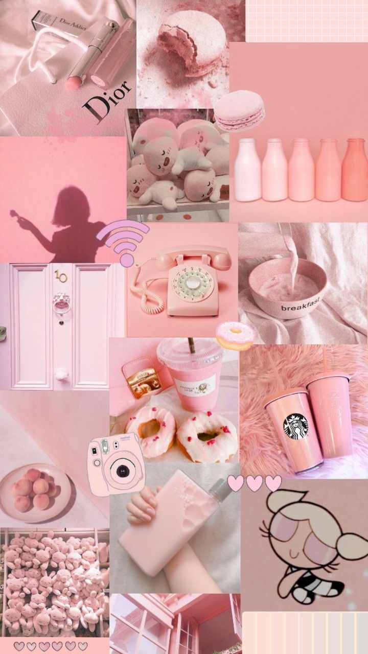 pink and white collage with different items in it