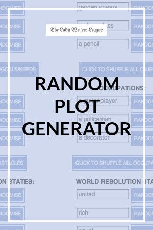 random plot generator with the words random plot generator in black and white on blue background