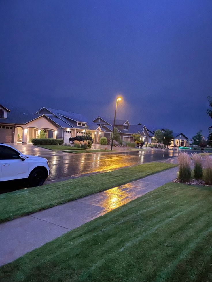 a car parked on the side of a wet road at night with street lights and houses in the background