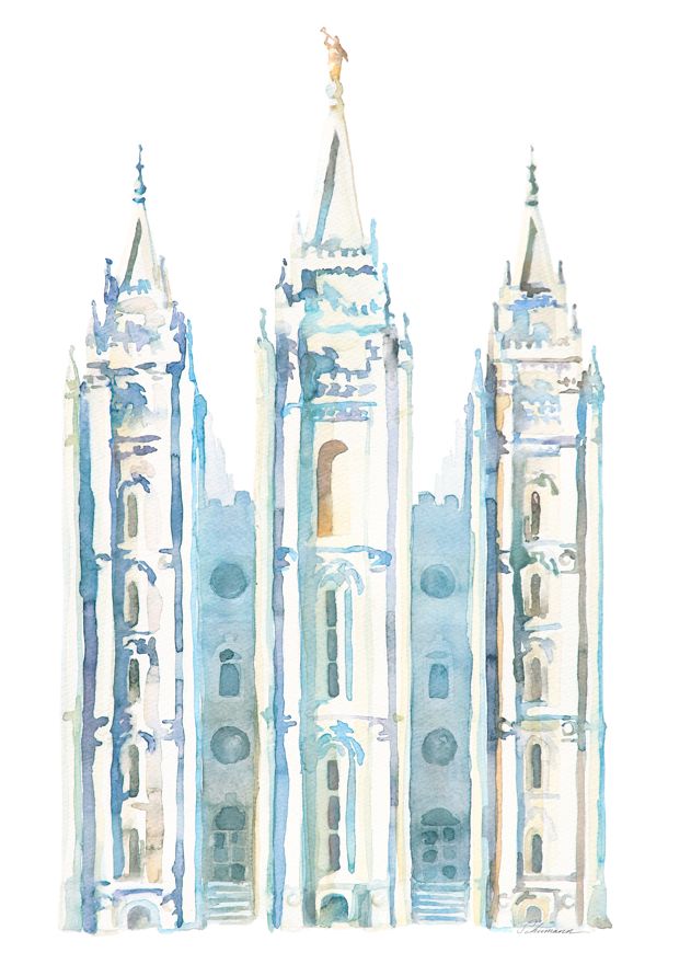 watercolor painting of the salt temple in salt lake city, utah on a white background