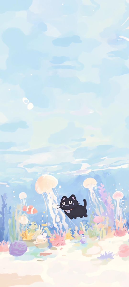 an underwater scene with fish and jellyfish in the water, one black cat is swimming