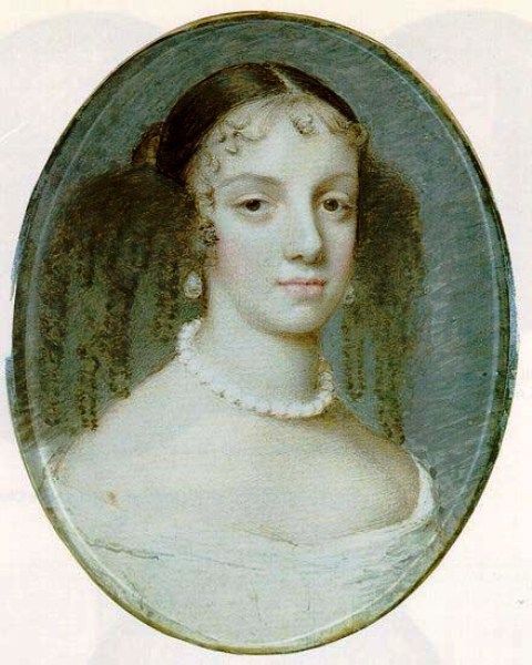 an oval portrait of a woman in white dress with pearls on her head and hair pulled back