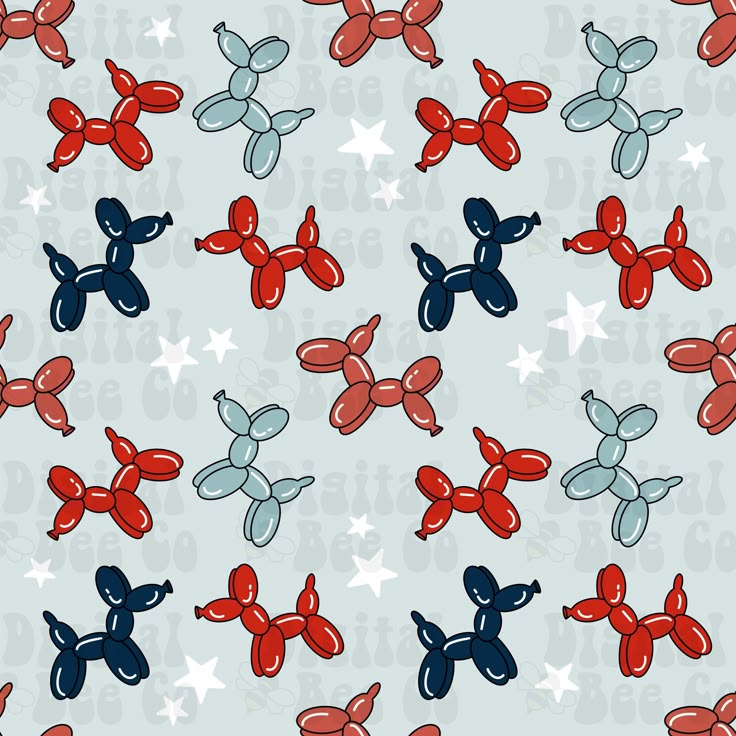 red, white and blue balloons are flying in the air on a gray background with stars