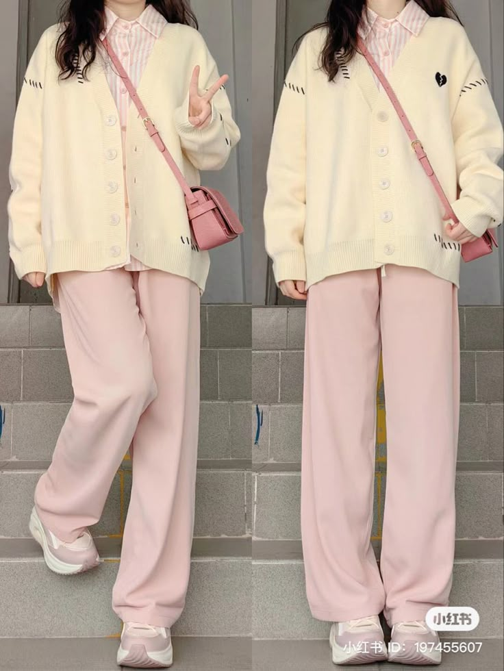 Soft Korean Aesthetic Clothes, Pink Aesthetic Winter Outfit, Soft Pink Outfit Korean, Colorful Korean Outfits, Pink Cozy Outfits, Pink Pants Outfit Winter, Korean Pink Outfit, Korean Fashion Pink, Soft Pink Cardigan