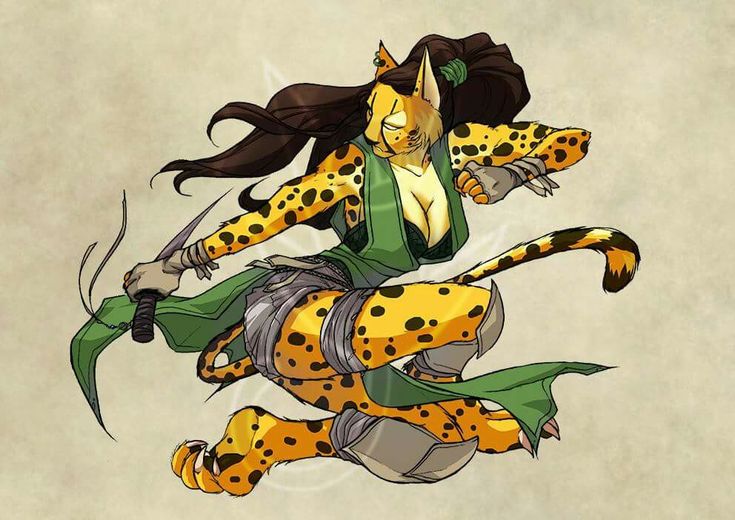 a drawing of a cheetah girl riding on top of a leopard like animal