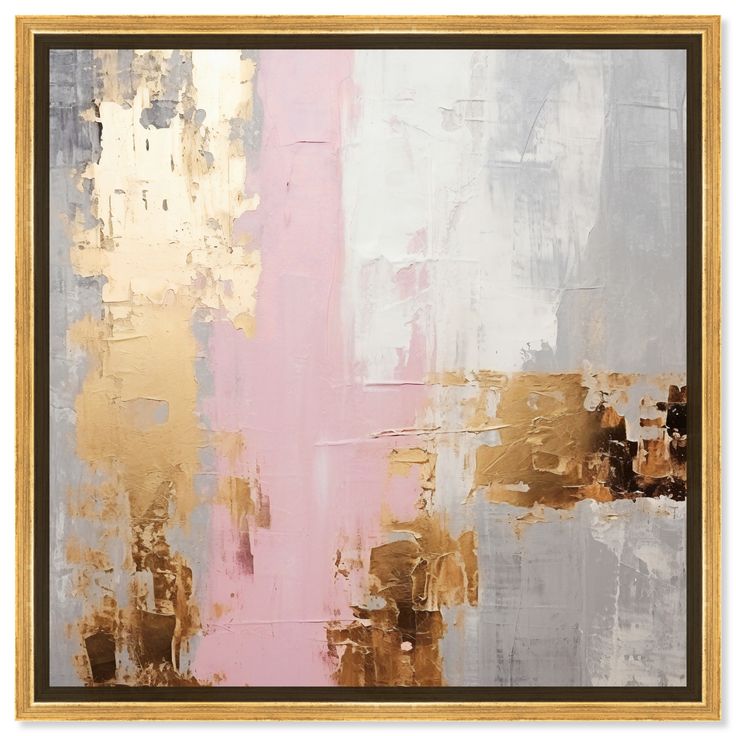 an abstract painting with gold, pink and grey paint on the wall in a wooden frame