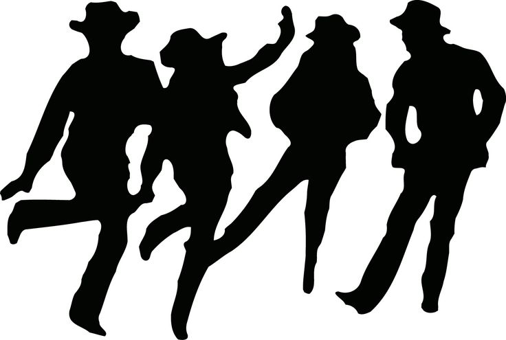 the silhouettes of three men in hats and jackets, one with his hand up