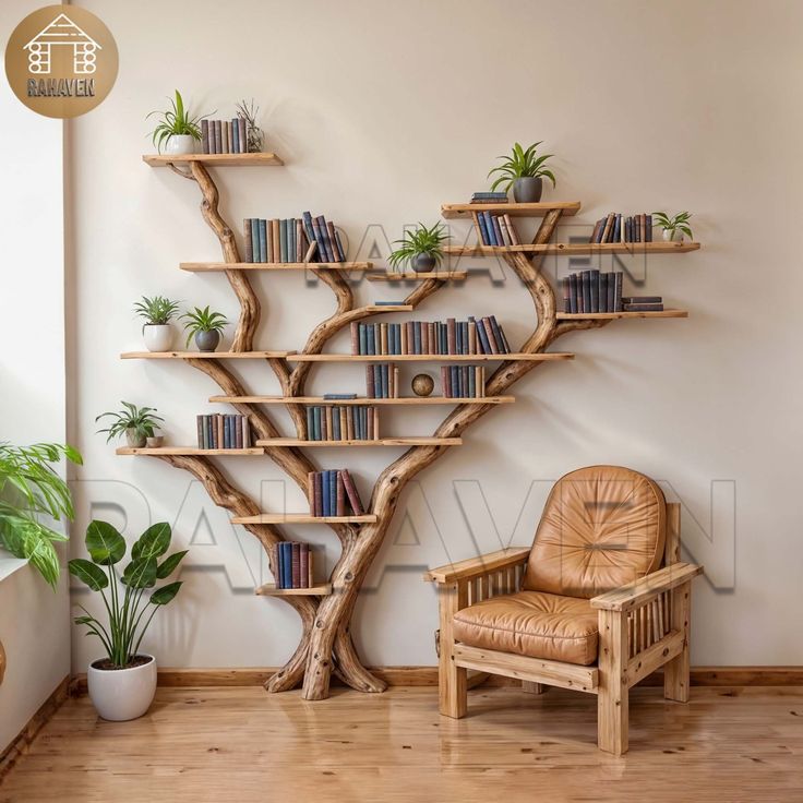 a tree shaped shelf with books on it in a living room next to a chair and potted plant