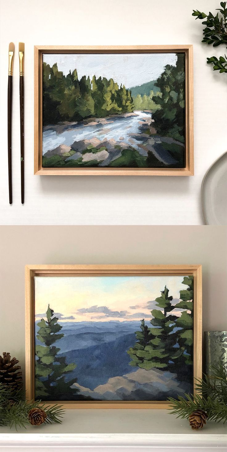 two paintings hanging on the wall above a mantle with pine cones and other items in front of them