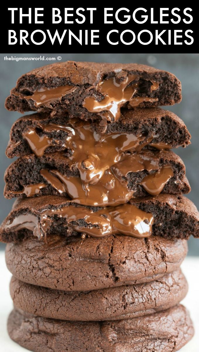 the best eggless brownie cookies are stacked on top of each other with chocolate frosting