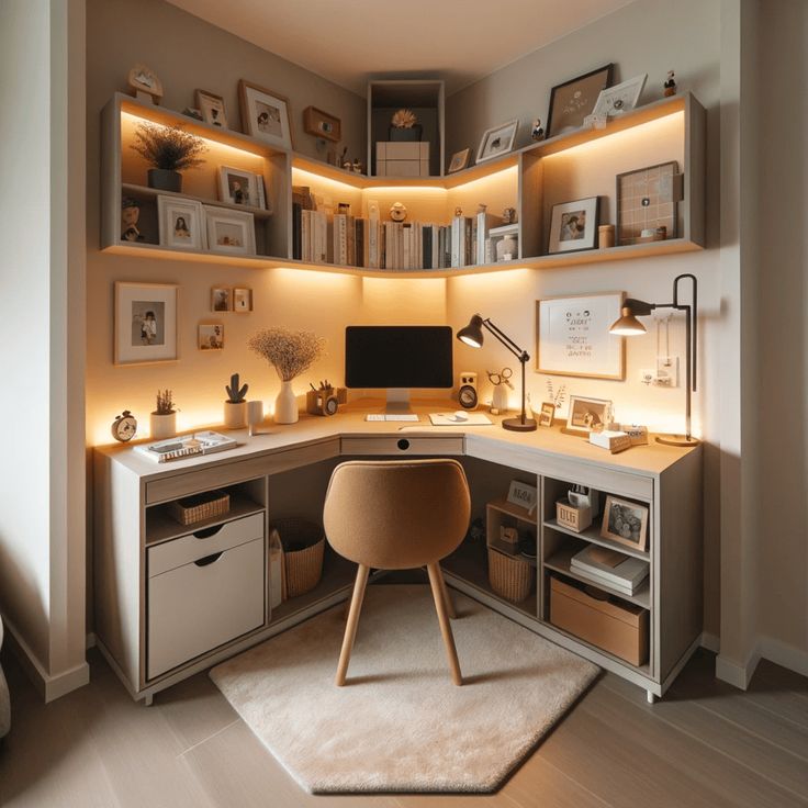 a home office is lit up with warm lighting