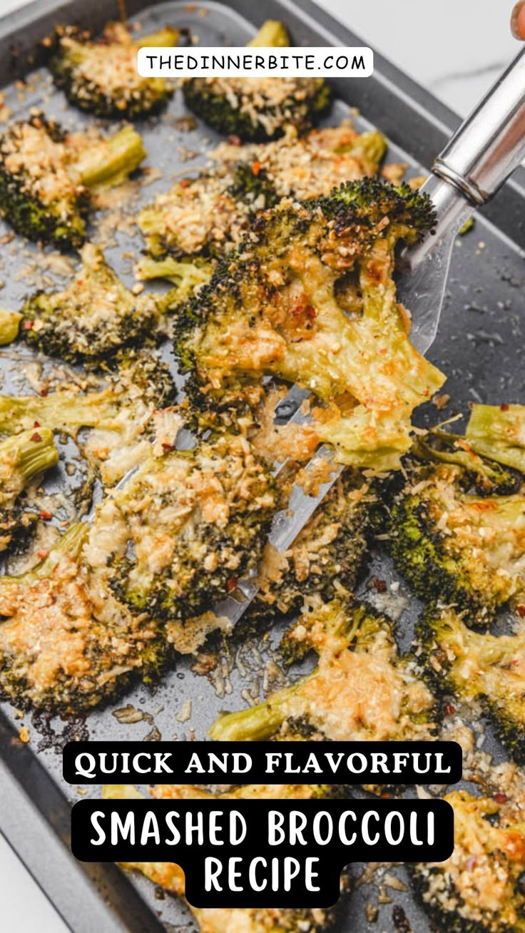 broccoli being cooked in a pan with the words quick and flavorful smashed broccoli recipe